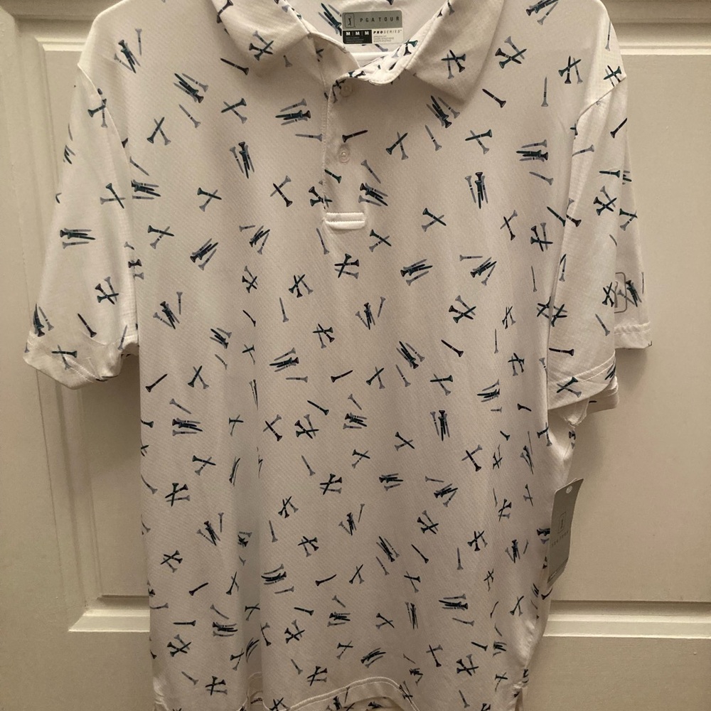 PGA Tour White Patterned Polo with all over golf tee pattern design